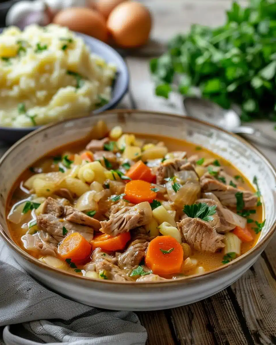 A delicious slow cooker family meal served in a bowl, showcasing hearty ingredients.
