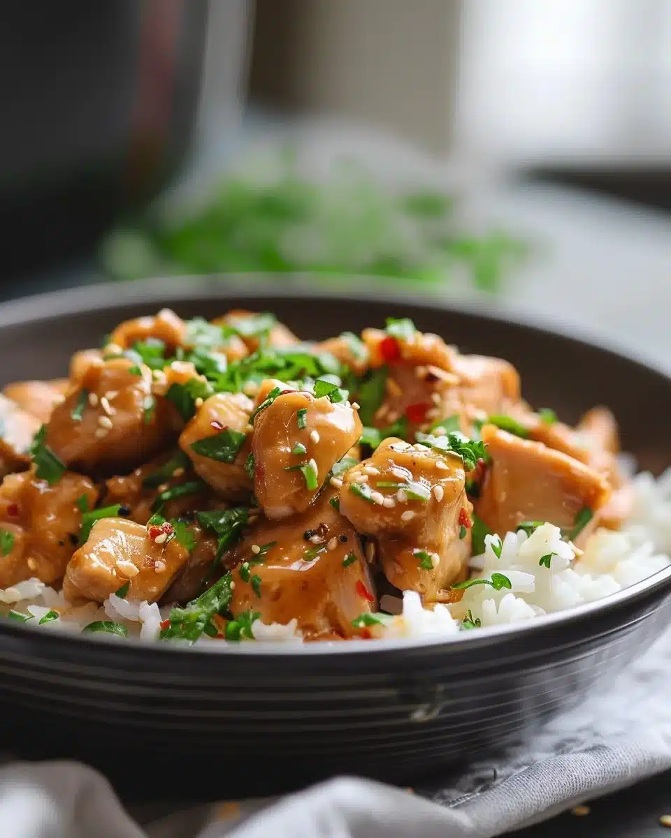 Slow Cooker Thai Peanut Chicken served with rice and vegetables