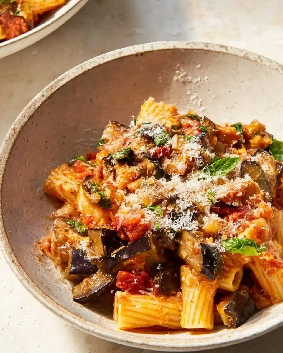 Plate of Spicy Eggplant Pasta garnished with herbs and chili flakes