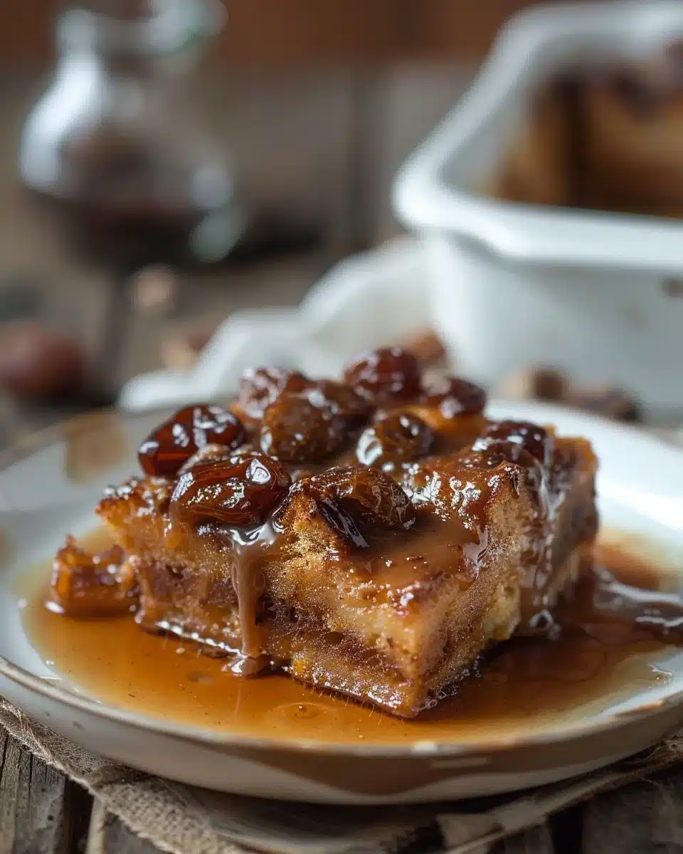 Delicious Sticky Toffee Bread Pudding topped with caramel sauce and nuts