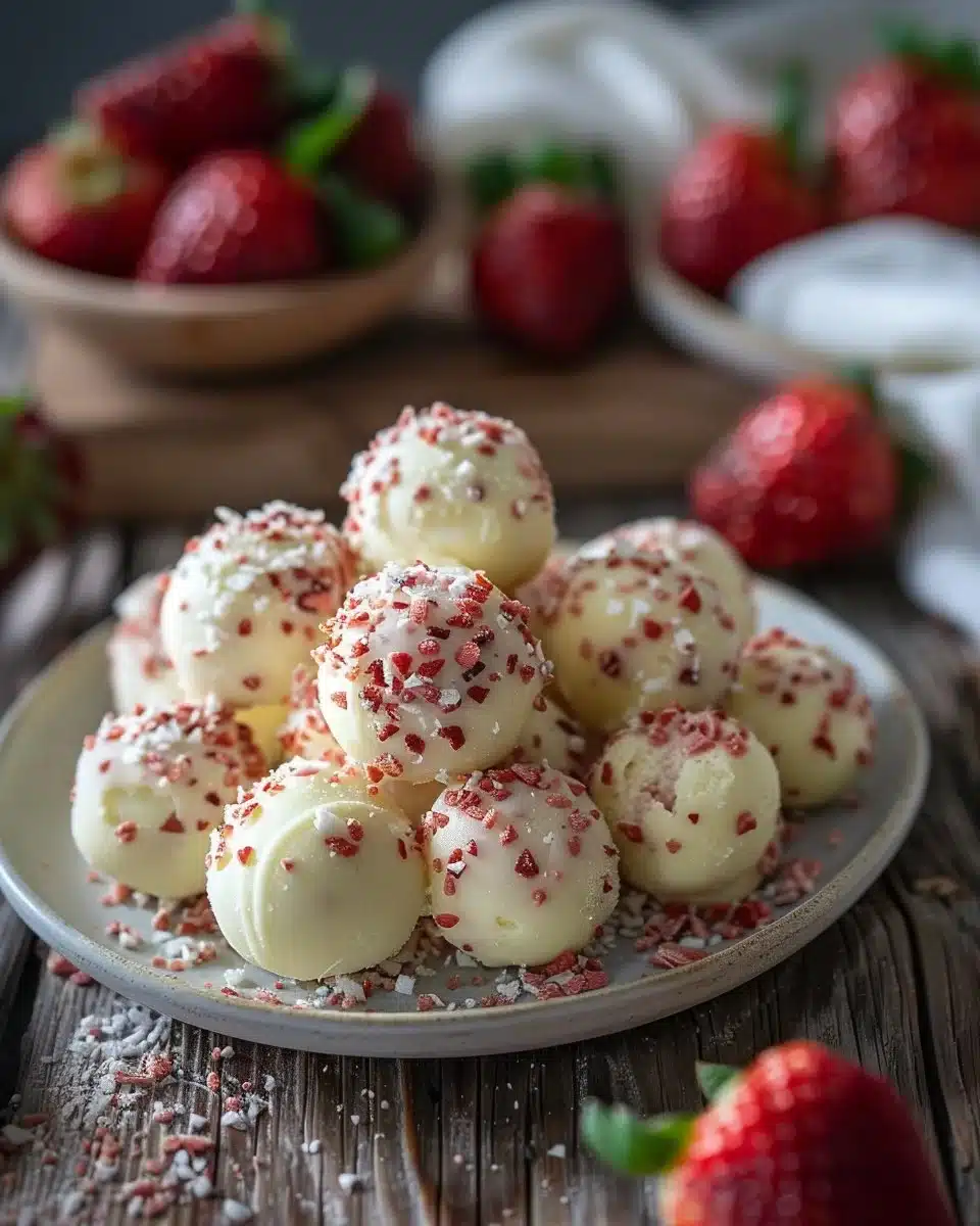 Delicious strawberry cheesecake truffles made with creamy filling and a chocolate coating.