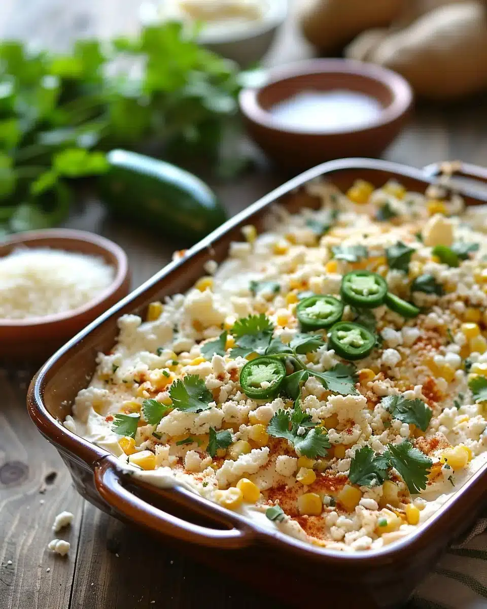 Delicious Street Corn Dip served in a bowl with toppings