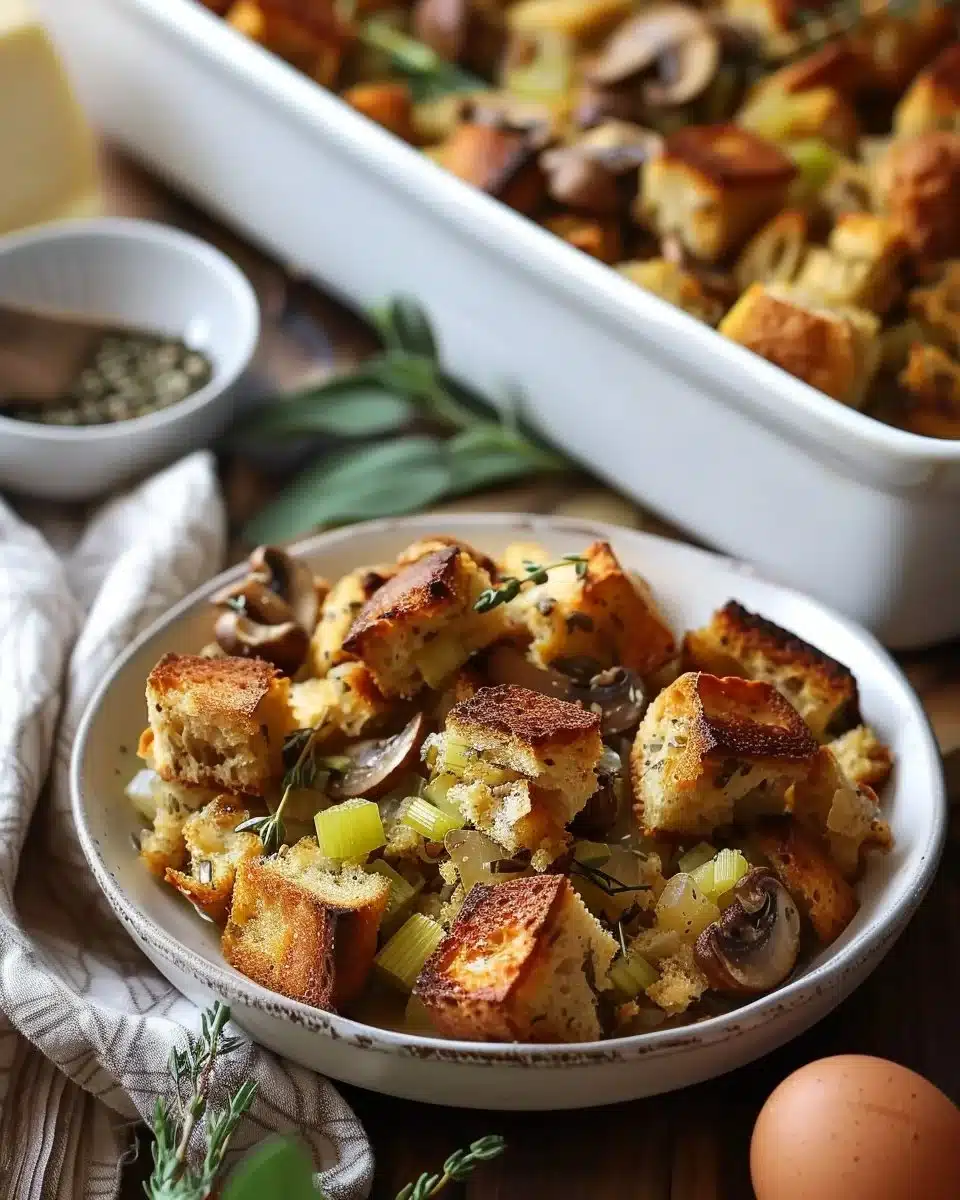 Delicious stuffing bread pudding served in a decorative dish