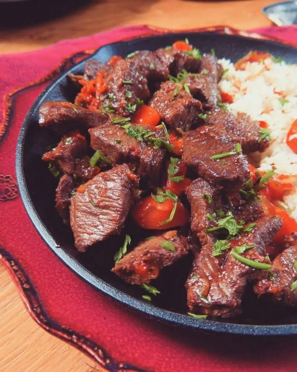 Deliciously marinated sweet and tangy beef steak tips served on a plate