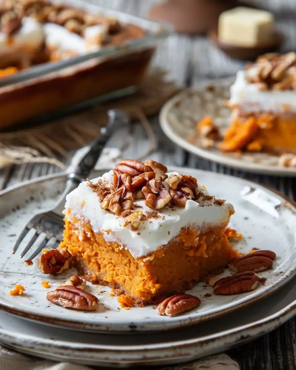 Delicious Sweet Potato Dump Cake topped with whipped cream and nuts