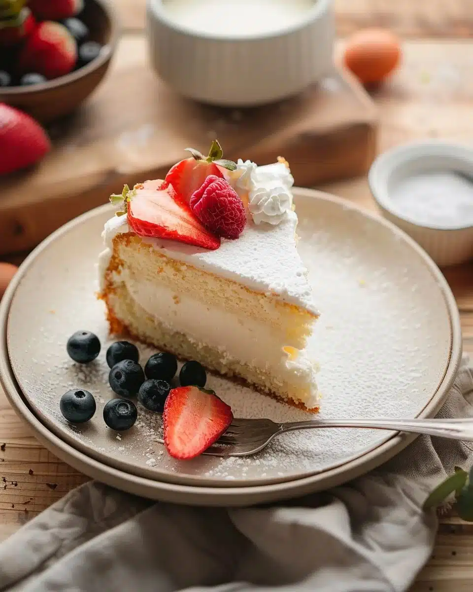 Delicious Three Milks Cake topped with whipped cream and fresh fruits