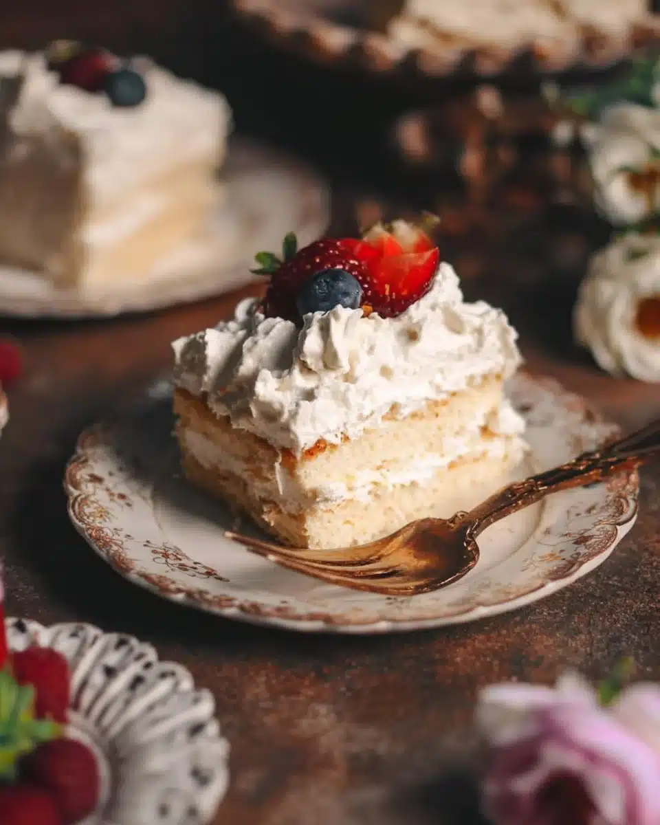 Slice of moist Three Milks Cake with a creamy topping on a plate