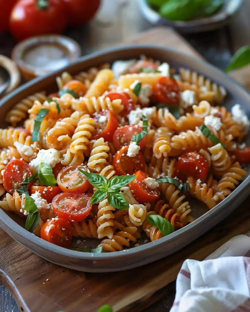 Delicious Tomato Goat Cheese Pasta topped with fresh herbs and spices.