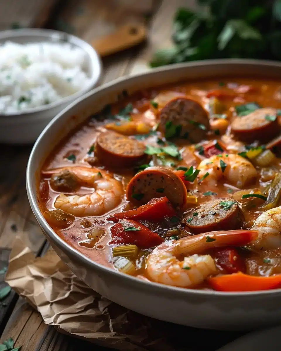 A bowl of traditional Creole Gumbo filled with shrimp, sausage, and vegetables