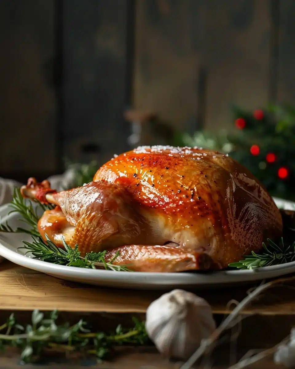 Delicious turkey brine soaking in a large bowl with spices and herbs.