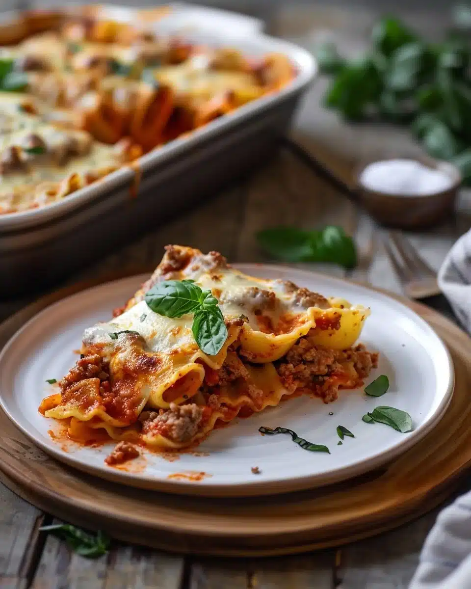 Delicious unstuffed shells pasta bake topped with cheese and herbs