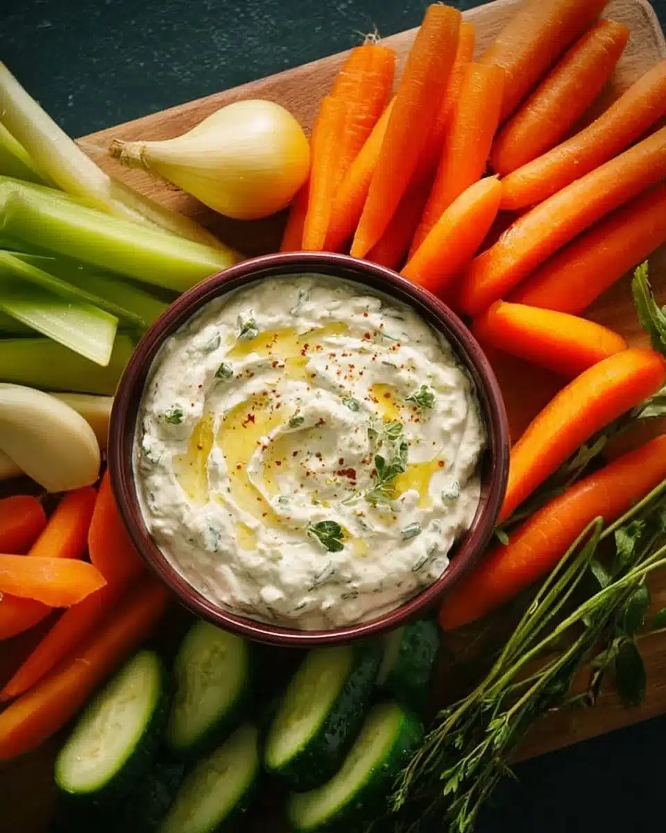 Creamy vegetable dip served with a variety of fresh vegetables for dipping.