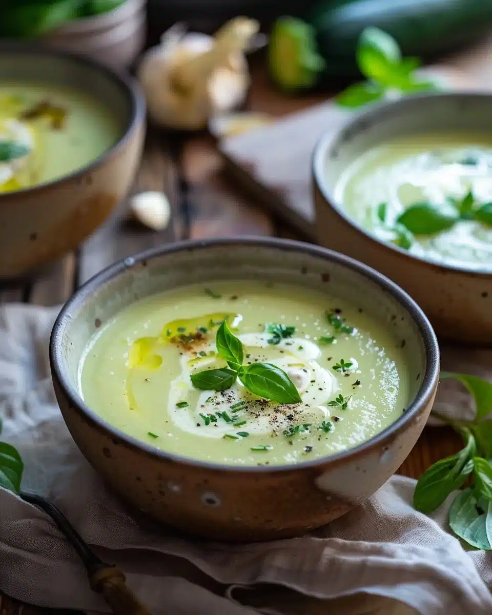 Bowl of creamy zucchini soup garnished with herbs and vegetables