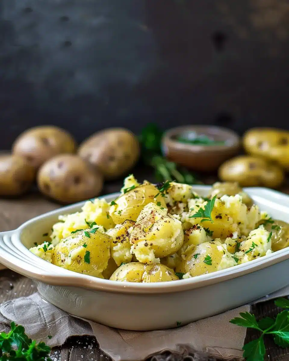 Delicious baked smashed potatoes topped with herbs and spices