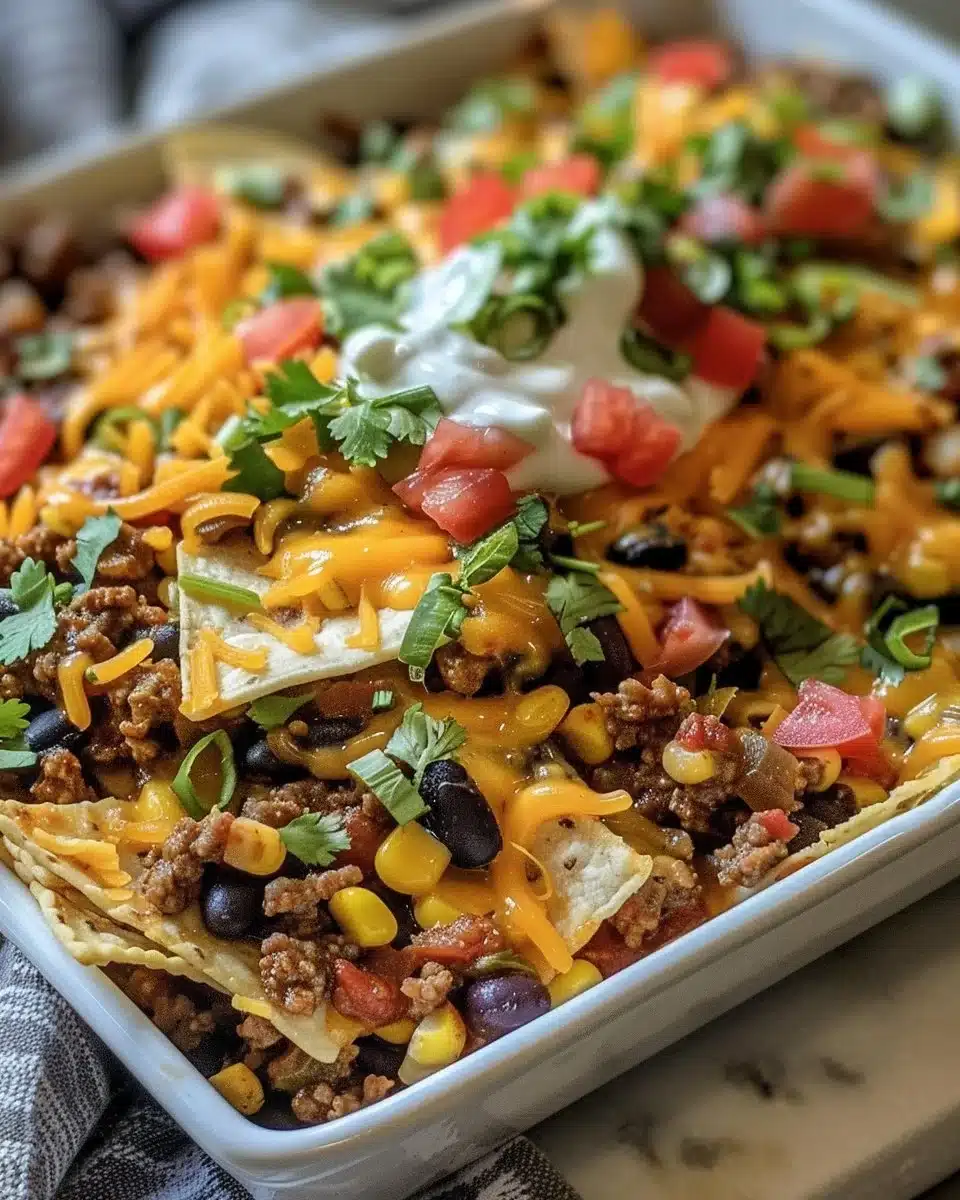 Delicious burrito casserole topped with cheese and fresh ingredients