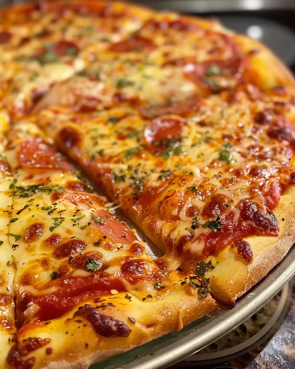 Homemade cast iron skillet pizza with a crispy crust and vibrant toppings