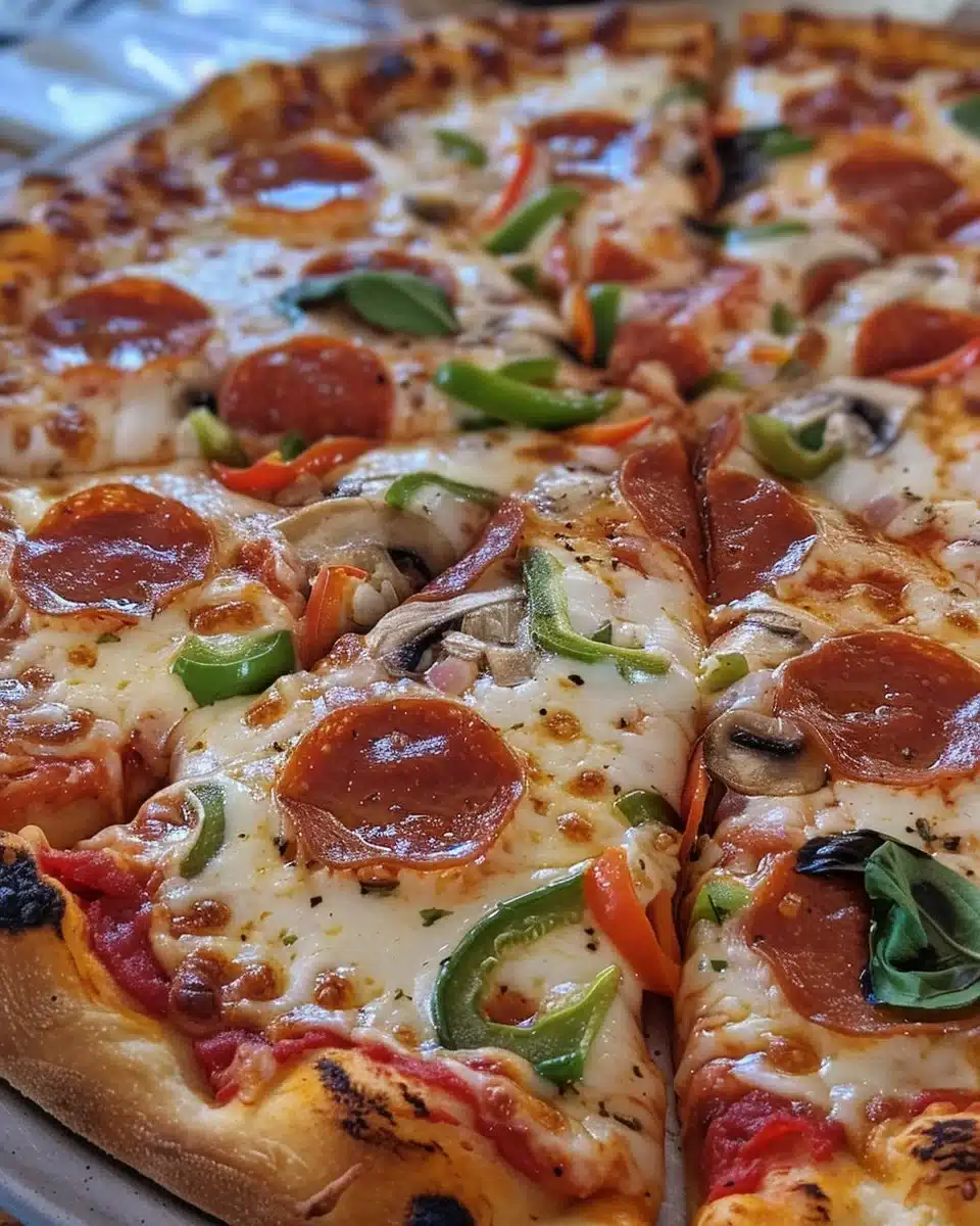 Delicious homemade cast iron skillet pizza topped with fresh ingredients