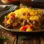 Delicious cattle ranch casserole dish with beef, cheese, and vegetables