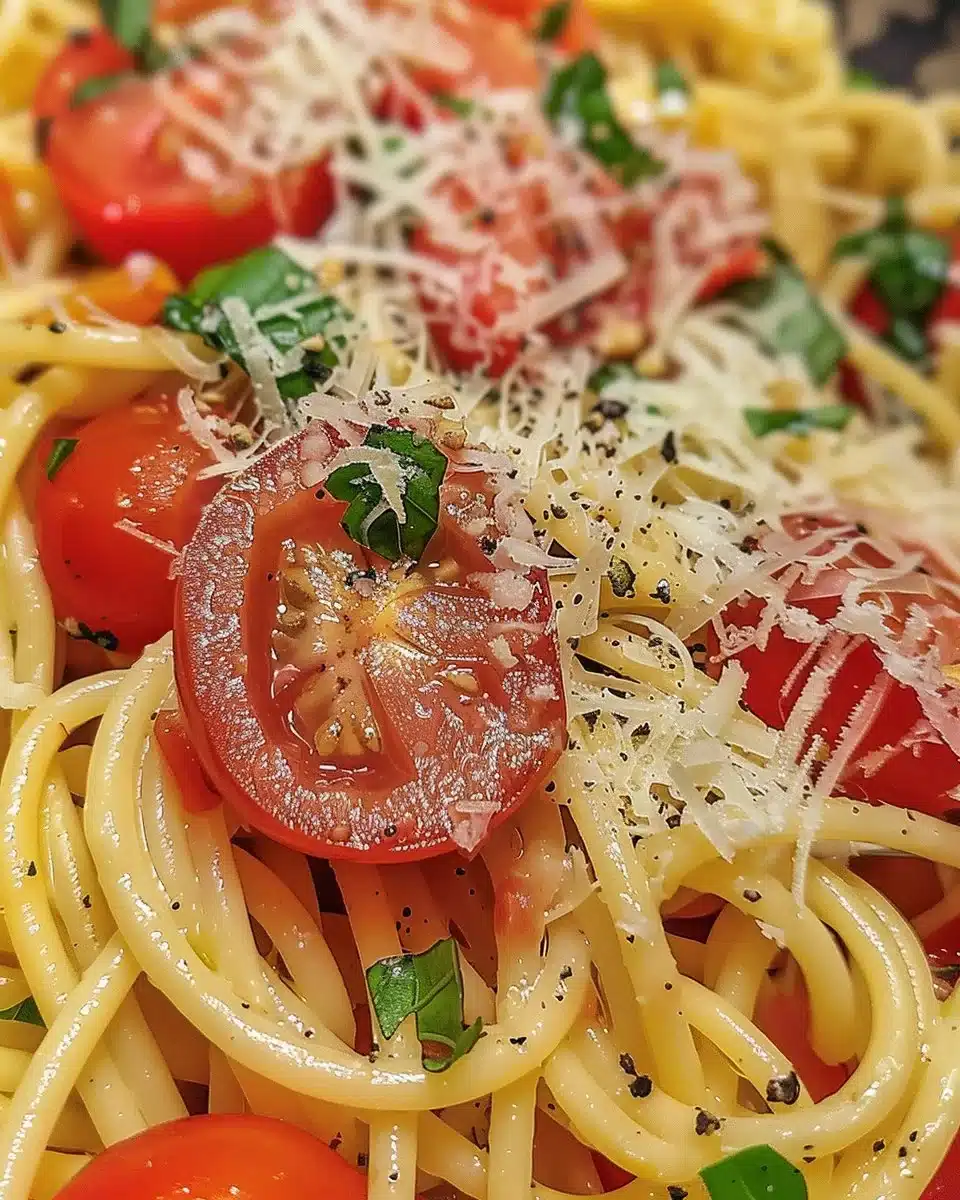 Delicious cherry tomato pasta dish garnished with fresh basil and cheese.