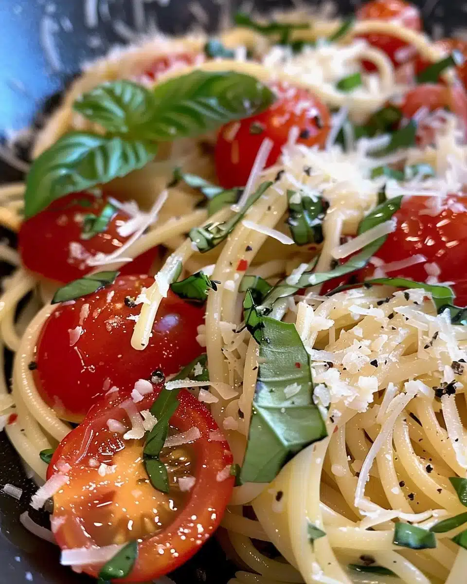 Delicious Cherry Tomato Pasta garnished with fresh basil and parmesan cheese