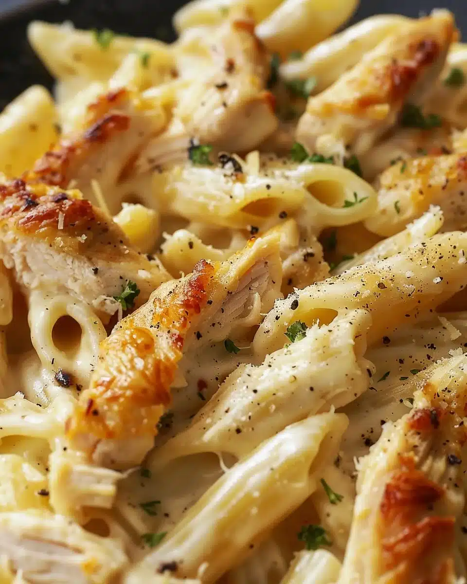 Delicious Chicken Alfredo Bake recipe topped with cheesy goodness.