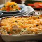 Delicious Chicken and Rice Casserole served in a baking dish with melted cheese on top
