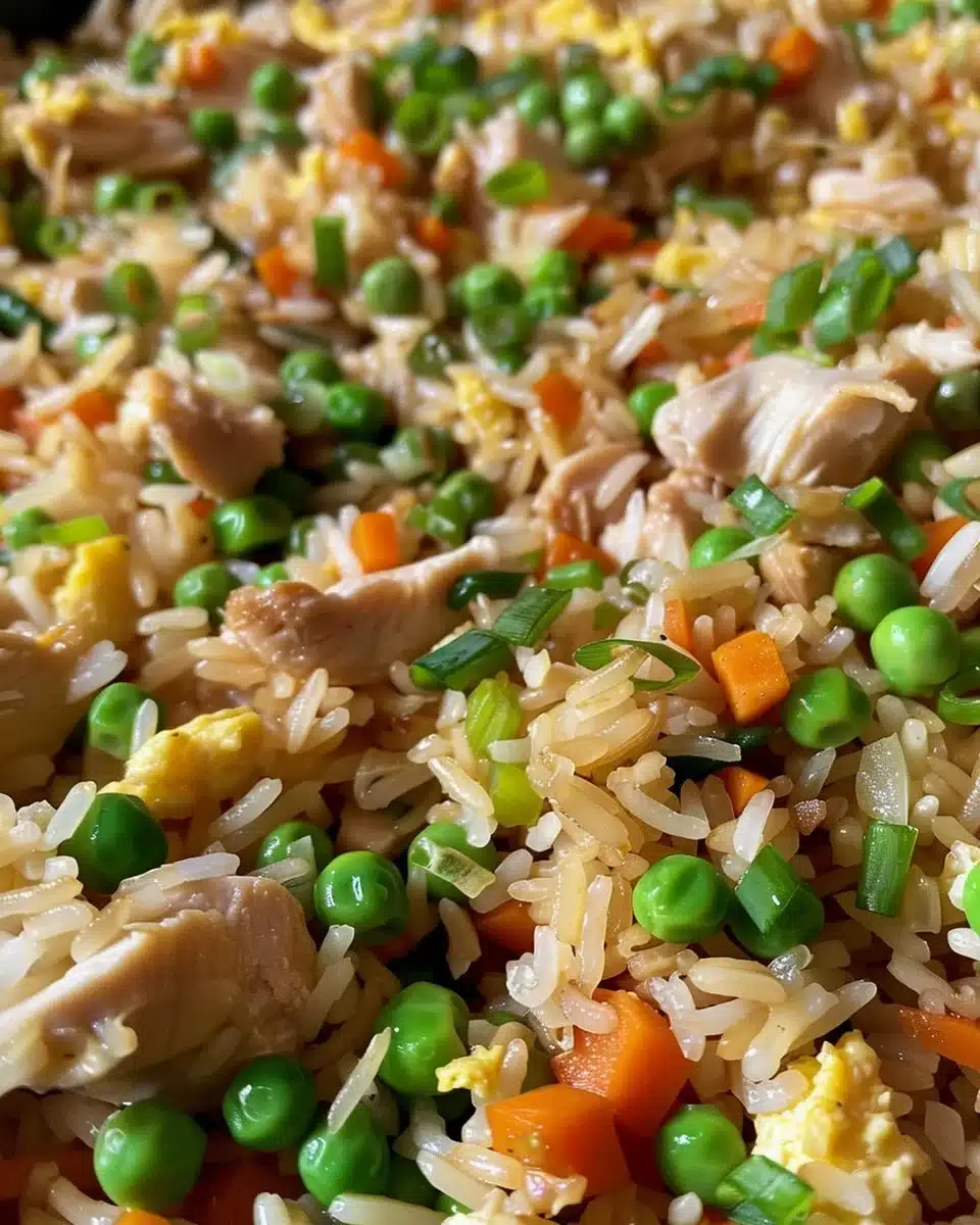 Delicious Chicken Fried Rice with chicken, vegetables, and soy sauce