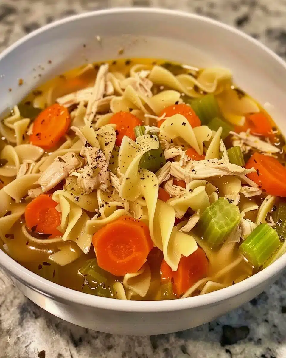 Bowl of homemade Chicken Noodle Soup with chicken, noodles, and vegetables