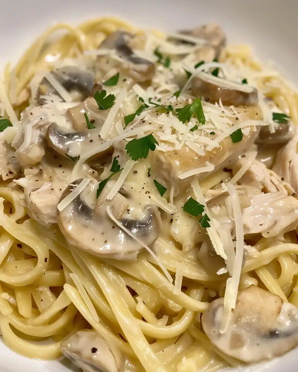 Creamy Chicken Tetrazzini dish served in a bowl with pasta and herbs