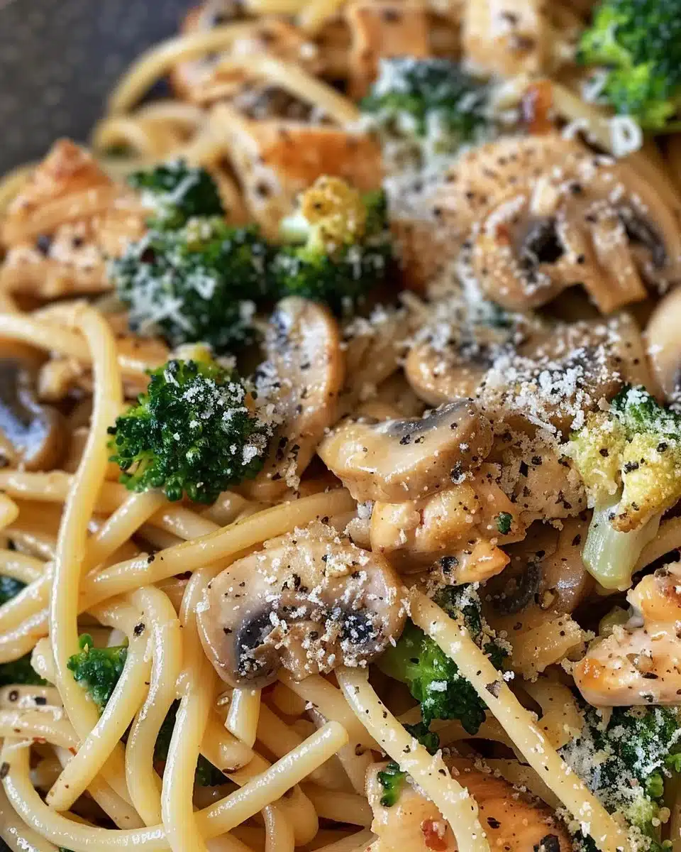 Delicious Chicken Tetrazzini pasta dish served in a bowl with chicken, mushrooms, and creamy sauce.