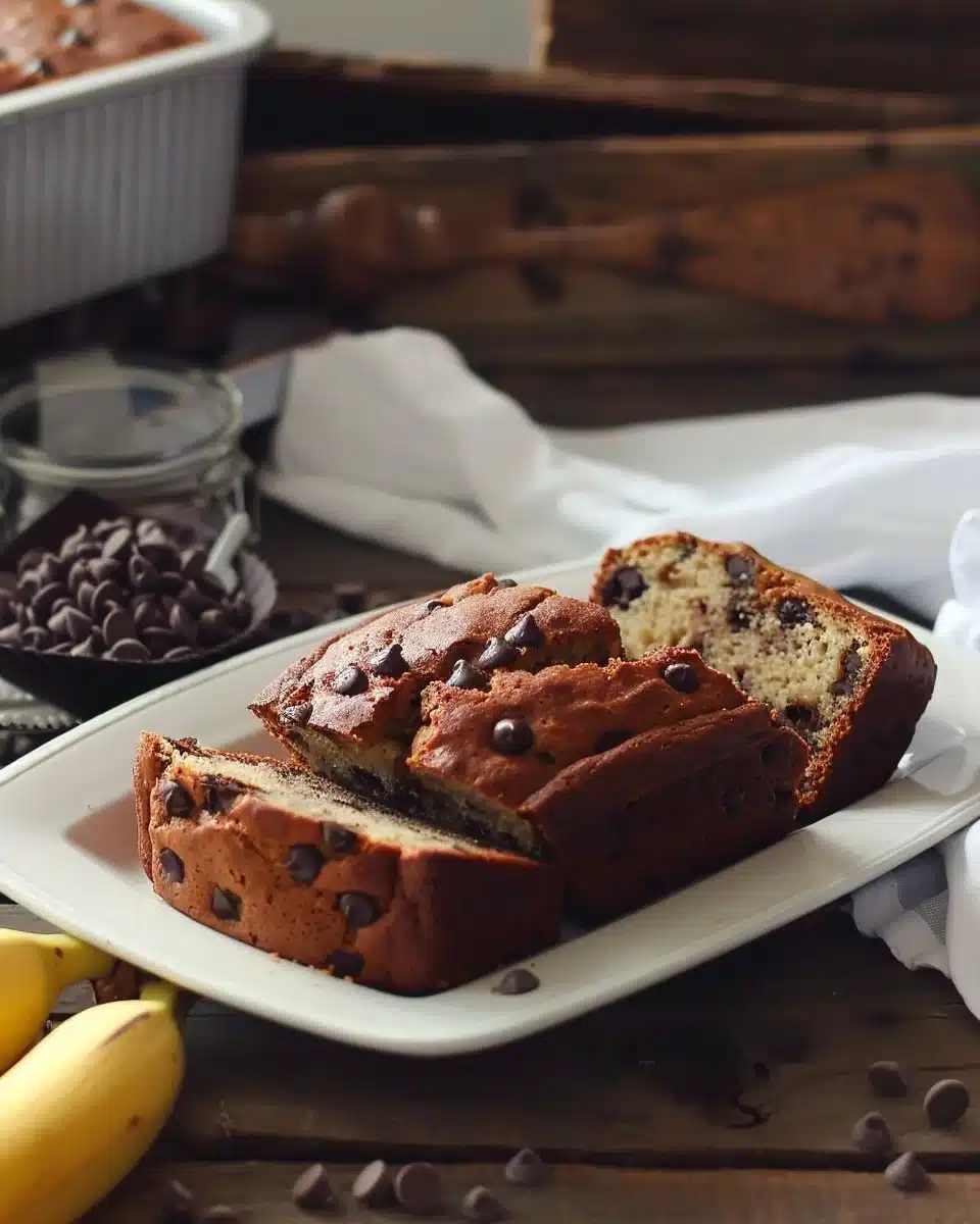Delicious chocolate chip banana bread with slices on a wooden table