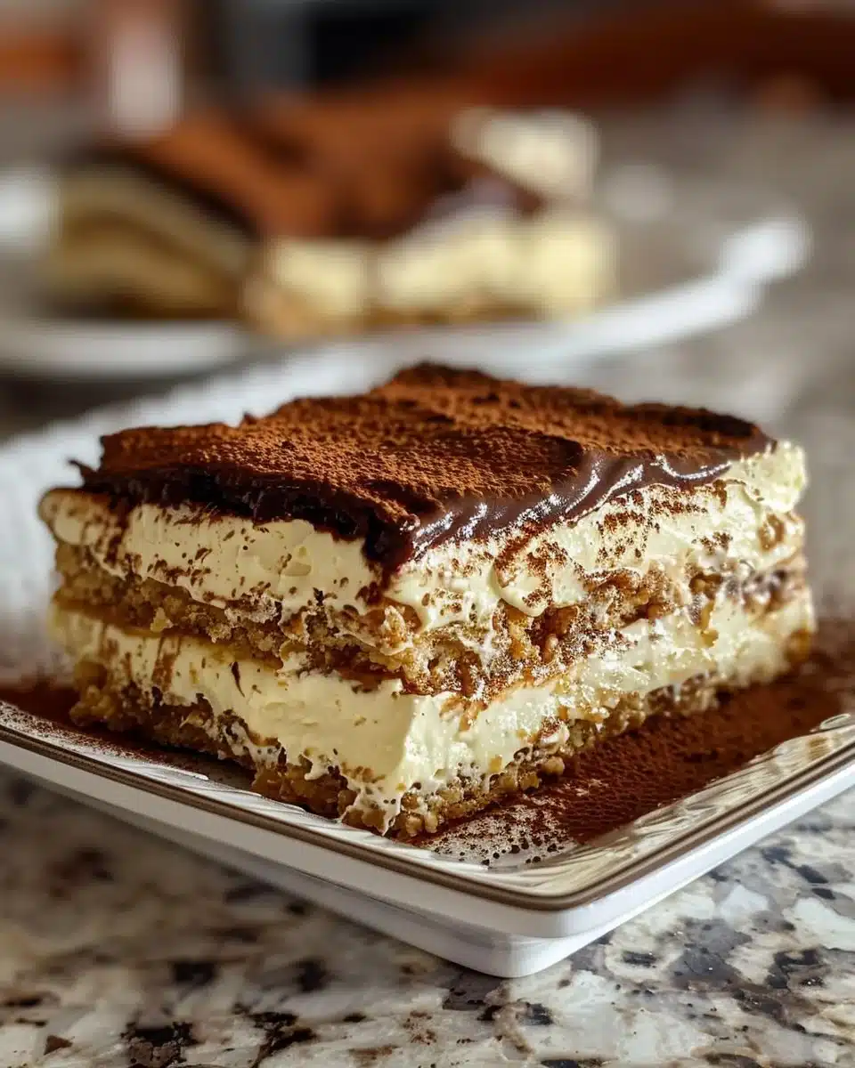 Delicious Chocolate Tiramisu served in a glass dish with cocoa powder on top.