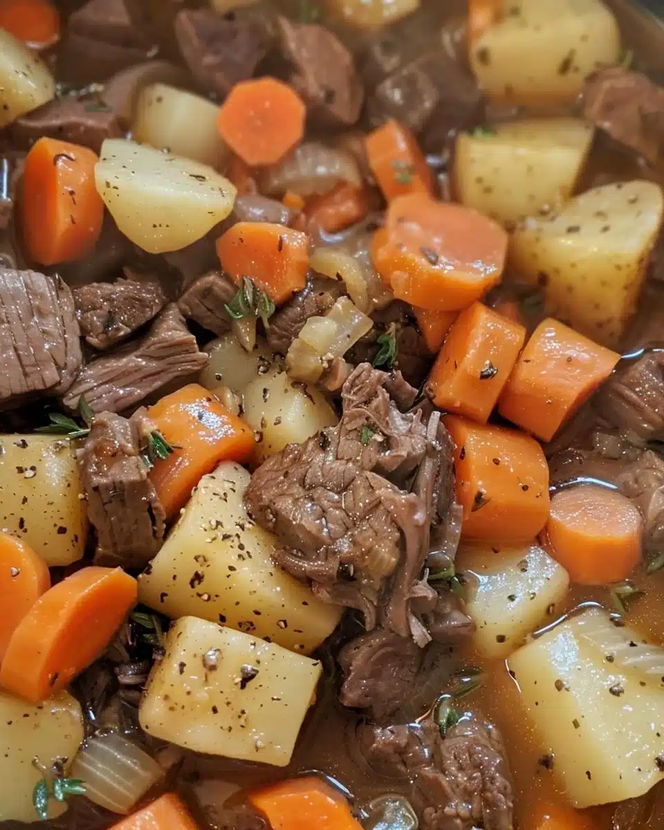 A bowl of classic beef stew with tender meat and vegetables