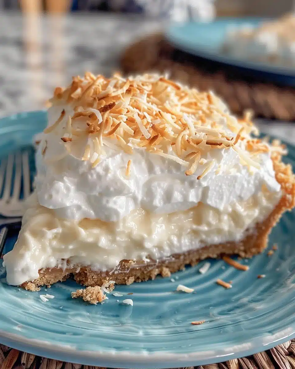 Delicious Coconut Cream Pie topped with whipped cream and coconut flakes