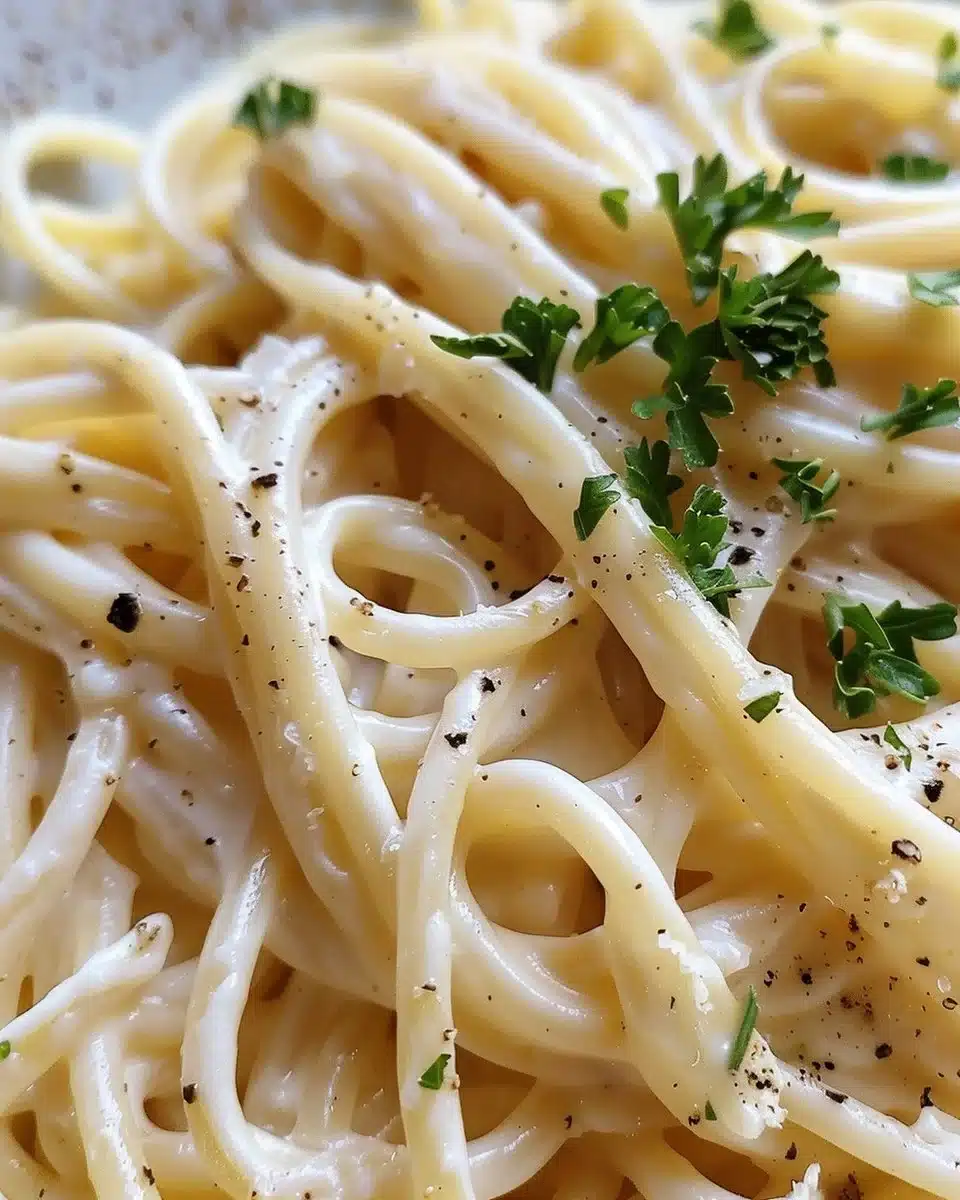 Creamy garlic parmesan pasta served in a bowl with fresh herbs.