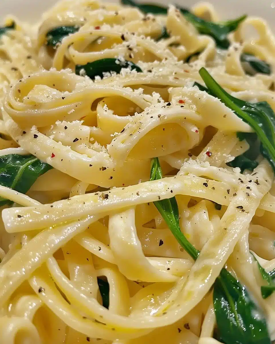 Creamy spinach pasta dish garnished with fresh herbs