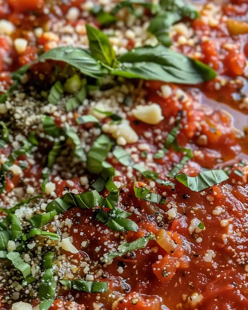 Creamy vodka sauce with tomatoes served over pasta in a bowl.