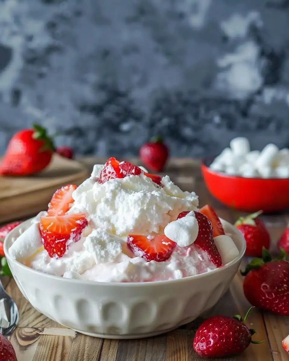 Delicious easy strawberry fluff dessert in a bowl with fresh strawberries