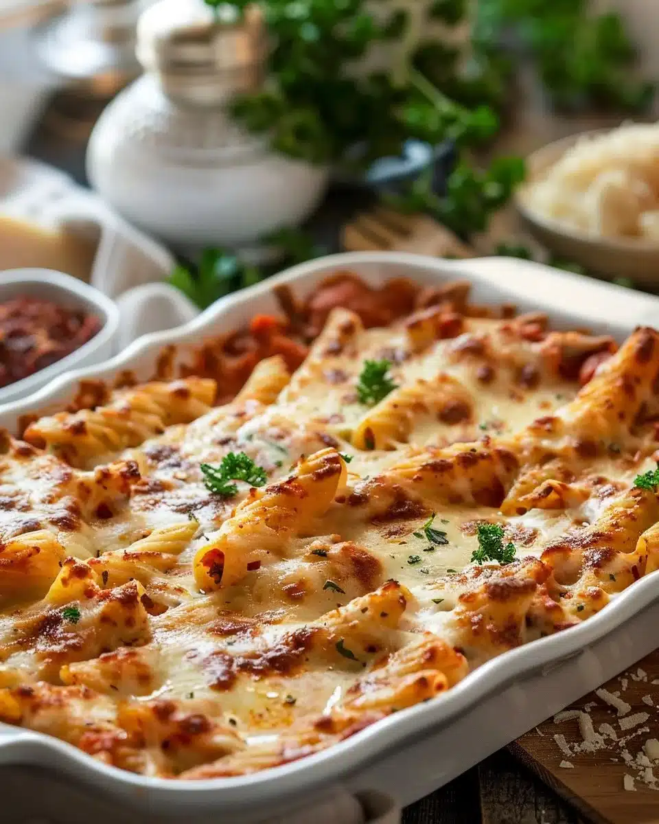 Delicious Five Cheese Baked Ziti topped with melted cheese and herbs