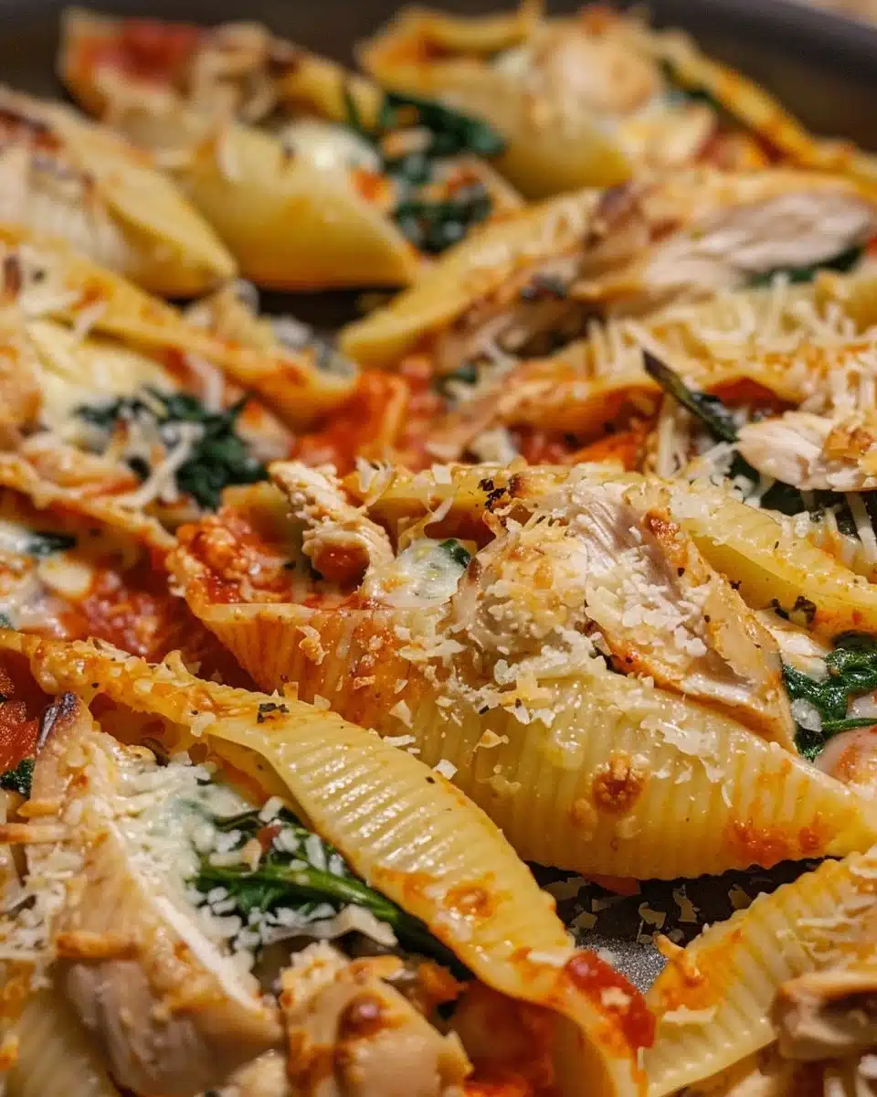 Delicious garlic chicken stuffed shells served on a plate with herbs.