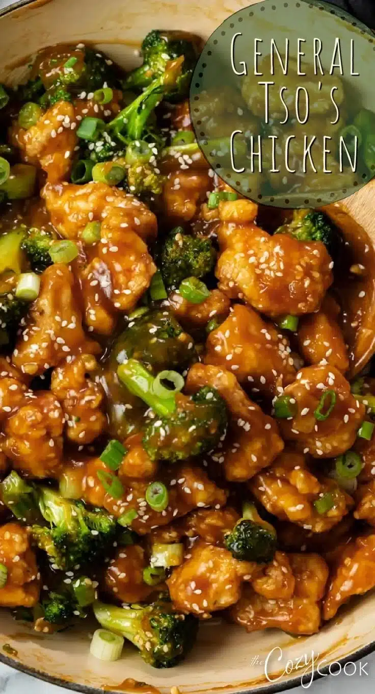 Plate of delicious General Tso's Chicken with broccoli and sesame seeds
