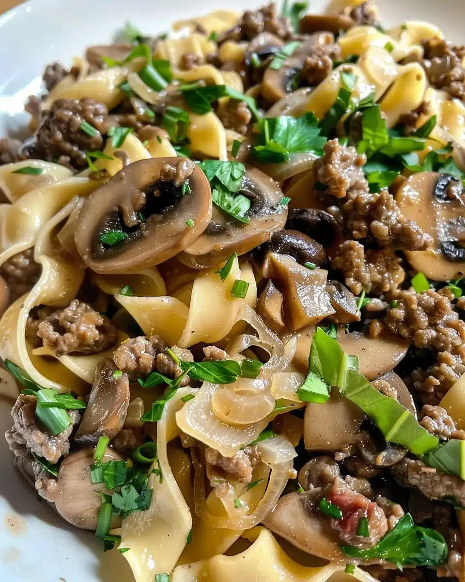 Delicious Ground Beef Stroganoff served on a plate with mushrooms and noodles
