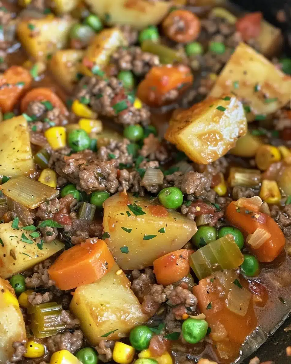 Delicious homemade hamburger soup in a bowl, garnished with herbs.