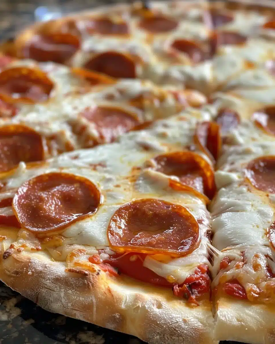 A freshly baked homemade pizza topped with cheese and vegetables