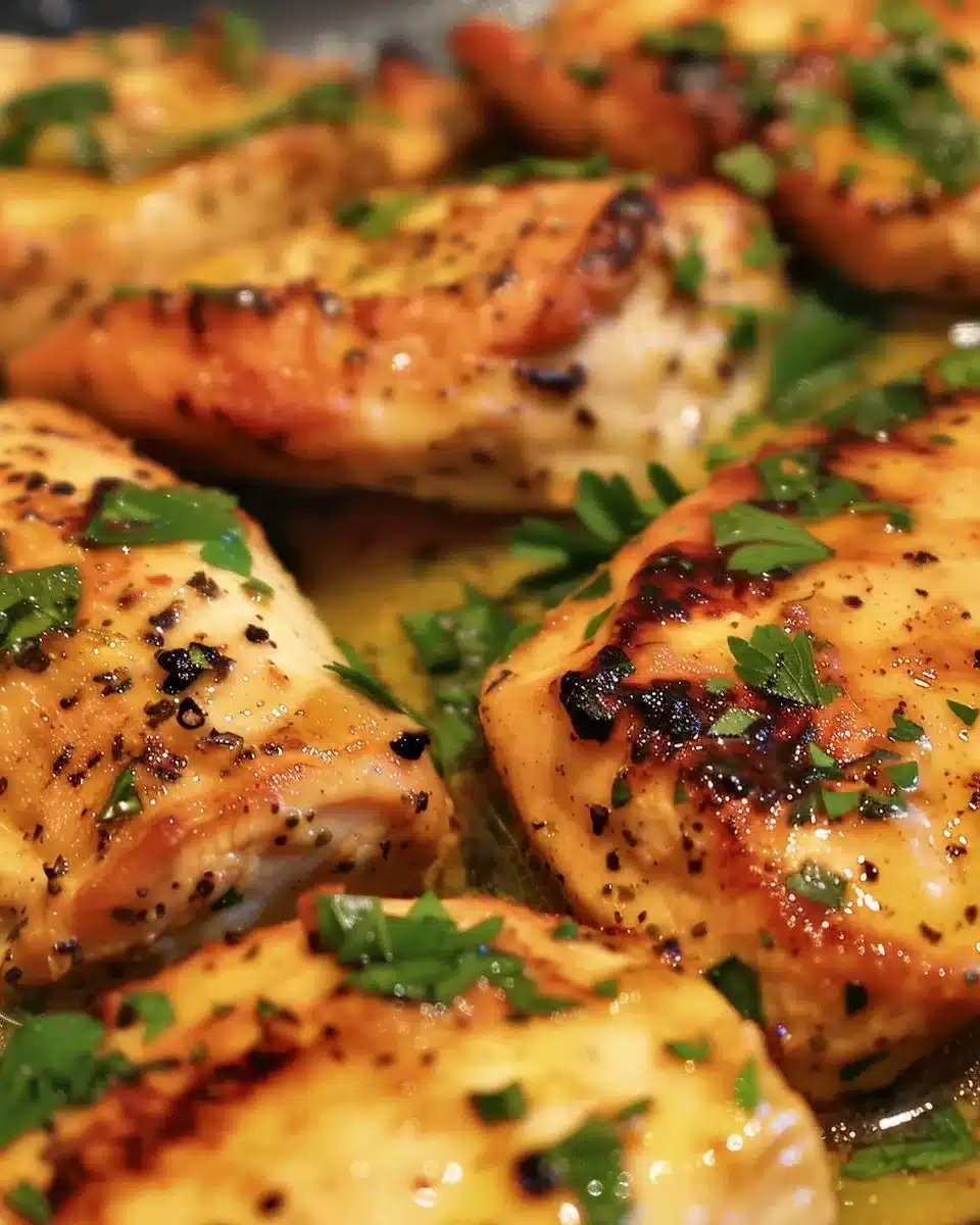 Honey Mustard Chicken drizzled with a savory sauce on a plate