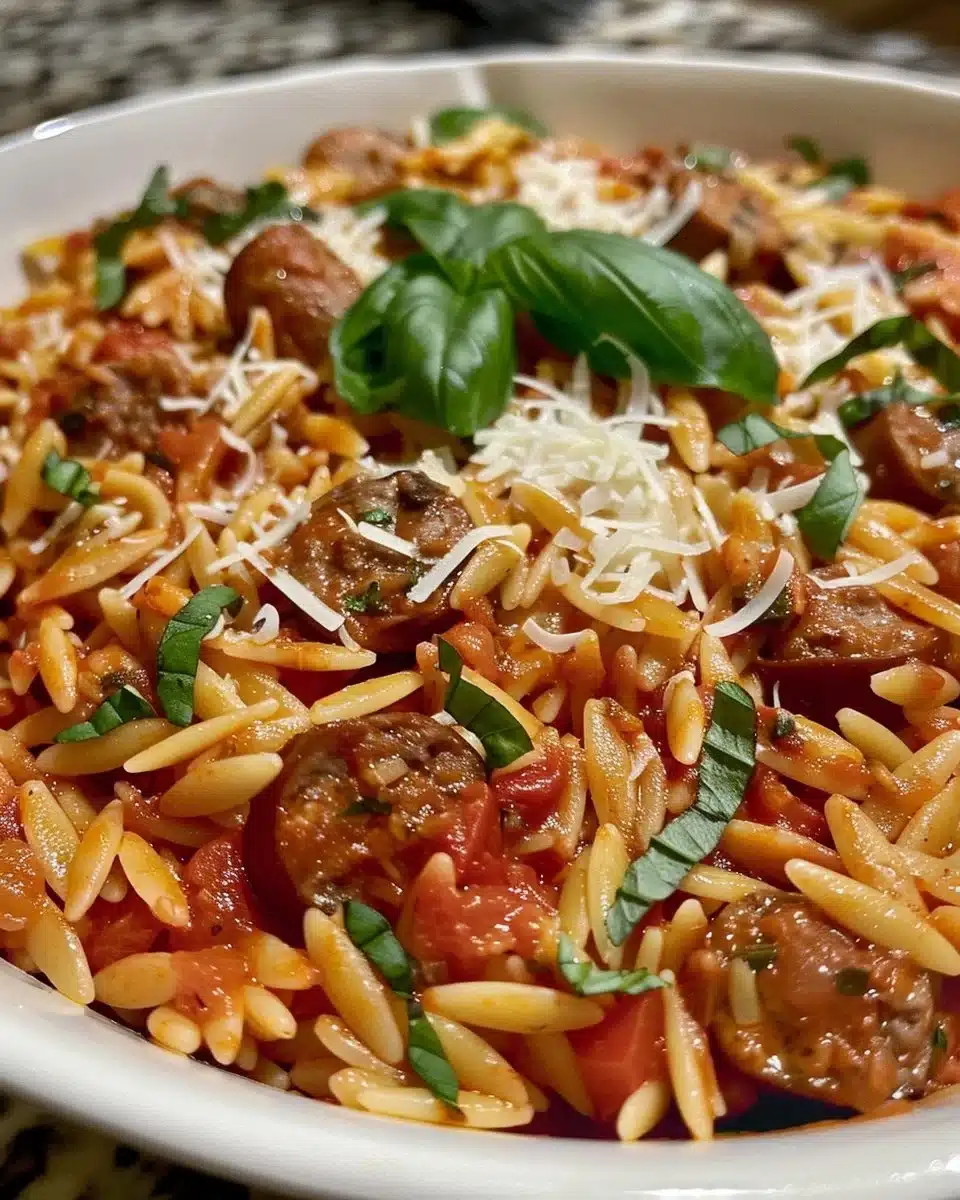 Italian Sausage Orzo with Spaghetti in a bowl garnished with herbs