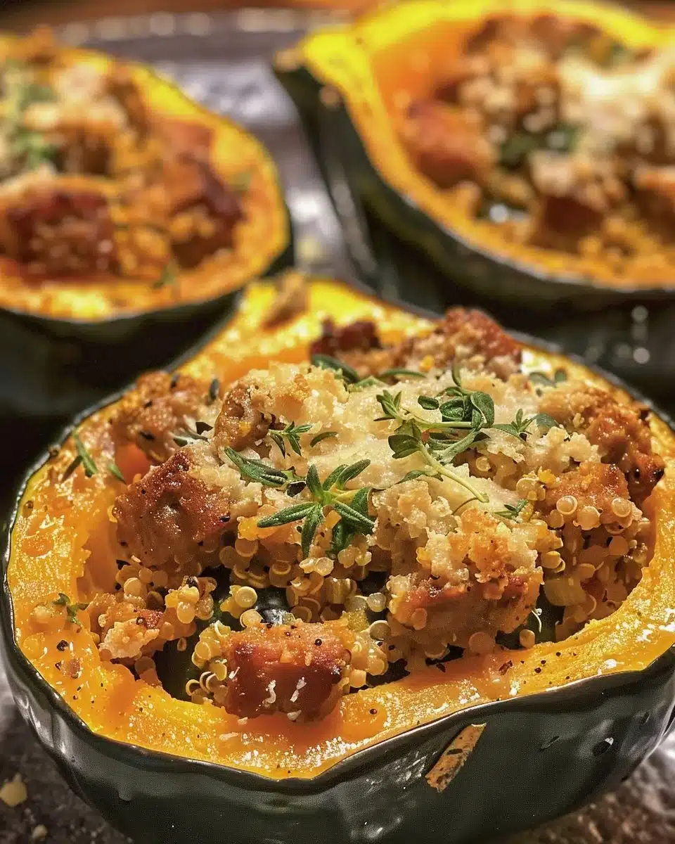 Italian sausage stuffed acorn squash served on a plate