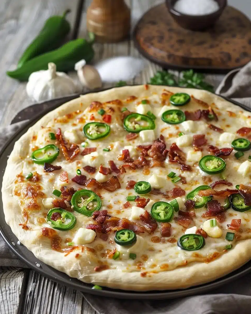 Delicious Jalapeno Popper Pizza topped with jalapenos and cheese