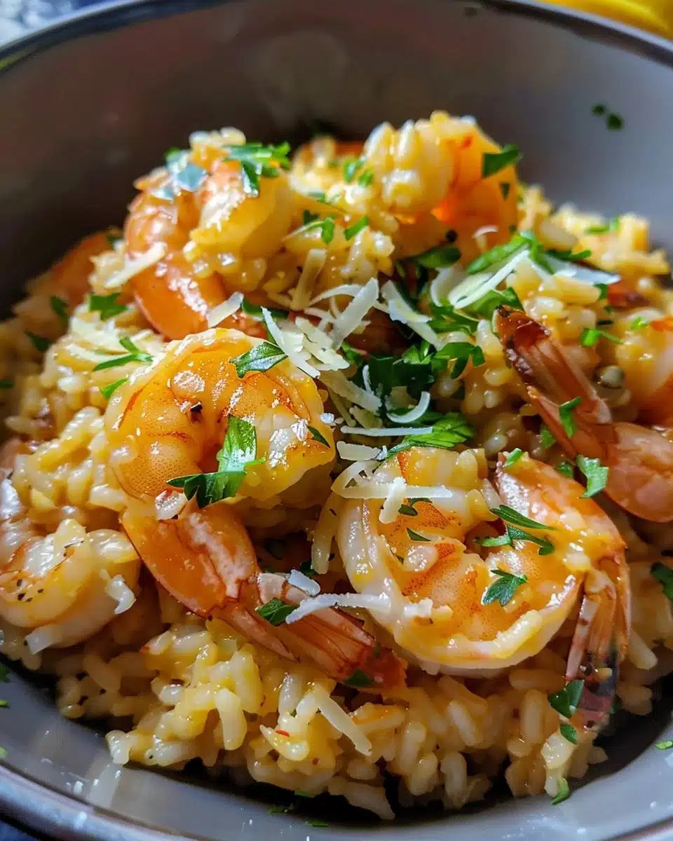 Lemon Garlic Shrimp Risotto served in a bowl, showcasing creamy texture and fresh shrimp.