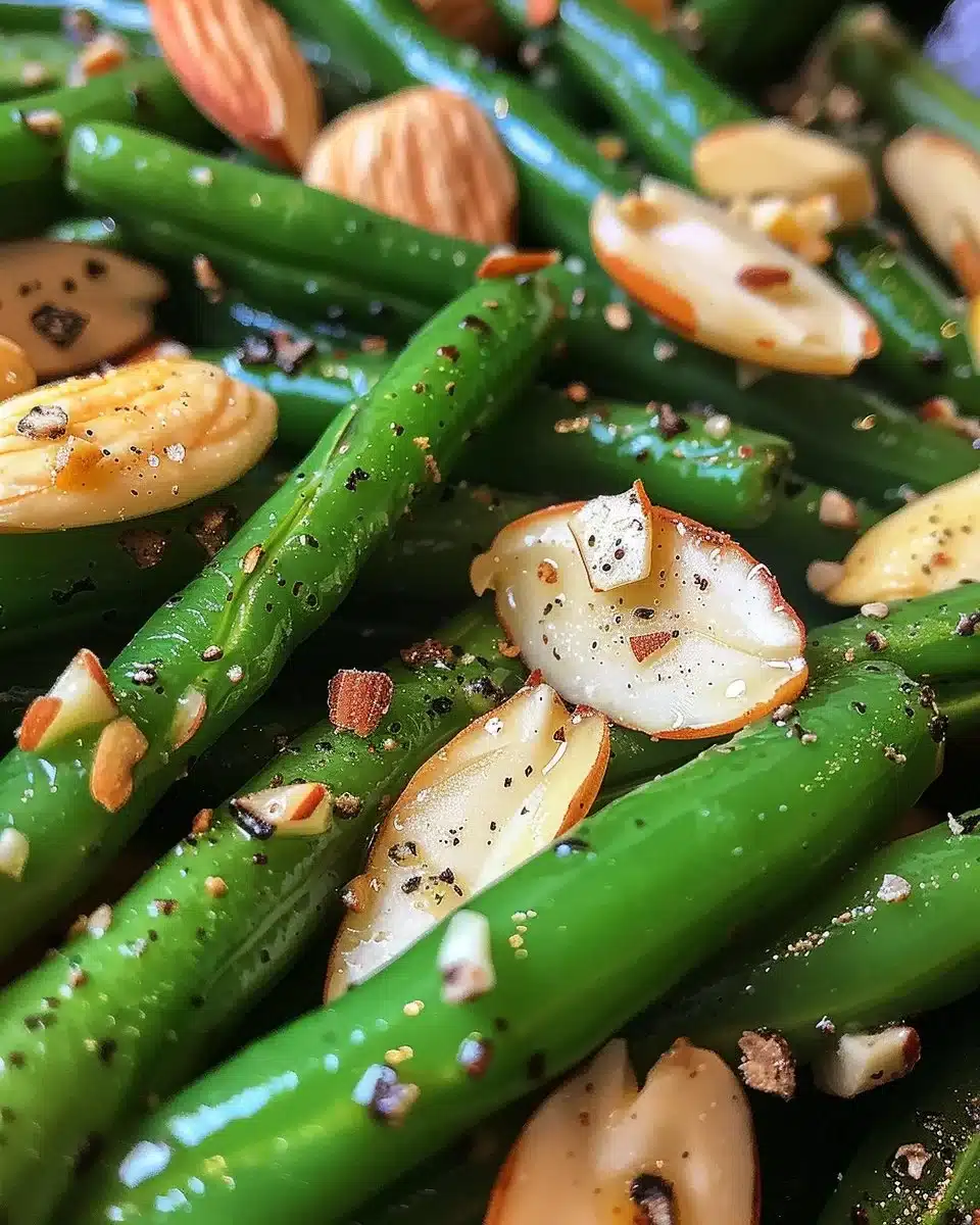 Lemon pepper green beans with almonds in a bowl, a healthy side dish.